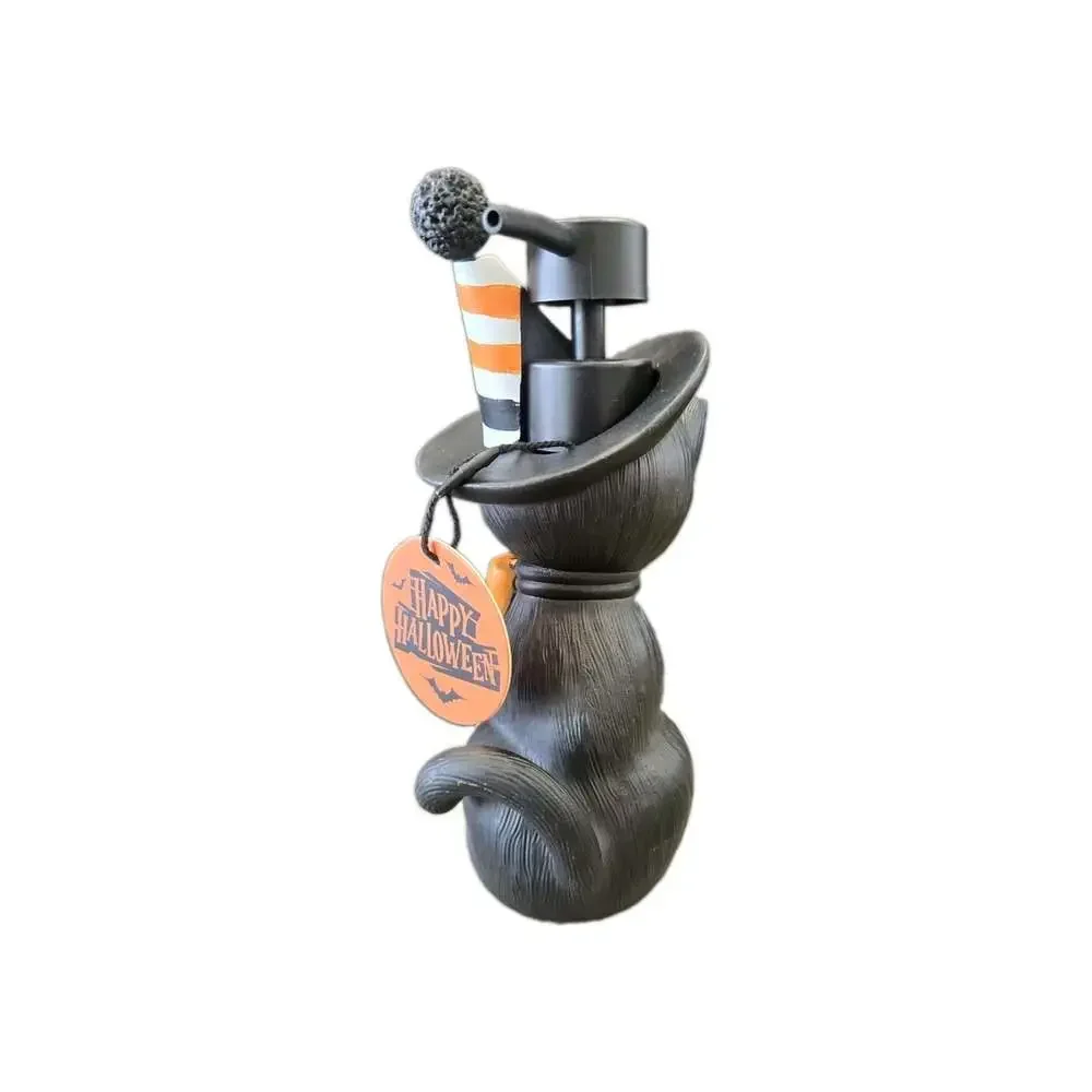 New Black Cat Skeleton With Orange Witch Hat Halloween Soap Dispenser Spooky